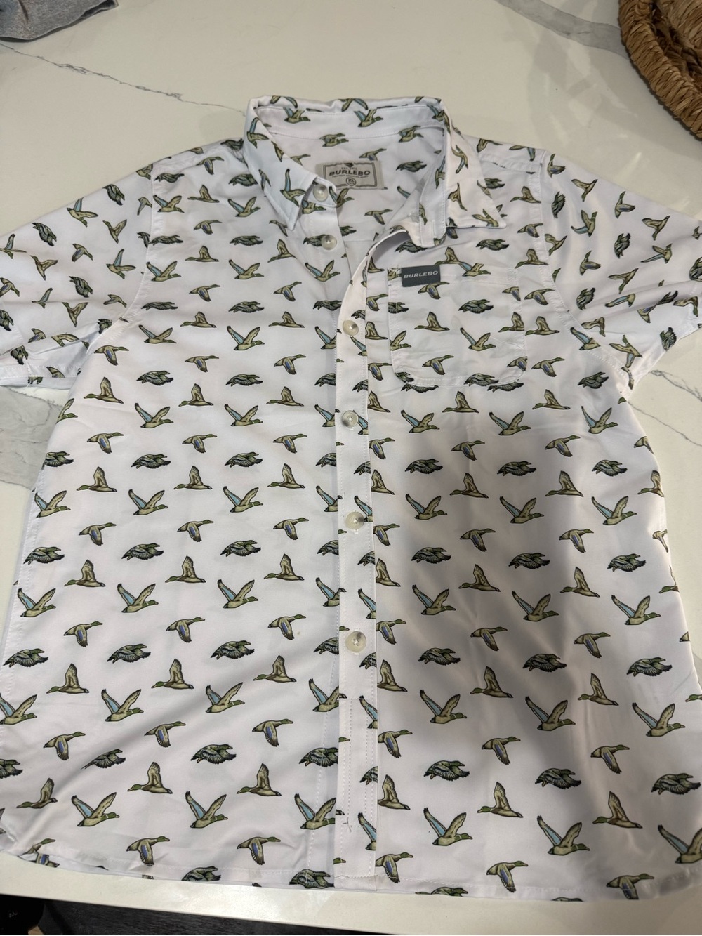 BURLEBO Youth Perfo Short-Sleeve Button-Down Shirt - Flying Ducks Print